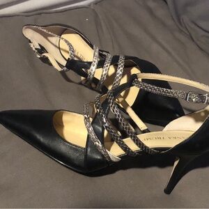 Ivanka Trump Black Pointed-Toe Heels with Snake-Print Straps